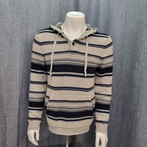 American Eagle Baja Style Hoodie Sweater Blue Grey Cream Stripe Men's S